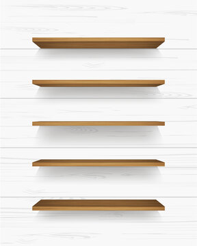Wooden shelf on white wooden wall background with soft shadow. Vector.