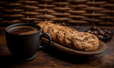 Morning black coffee and oatmeal cookies. In the background, almonds in chocolate