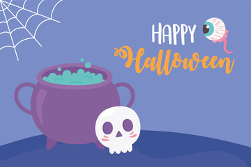happy halloween cauldron skull creepy eye and cobweb card