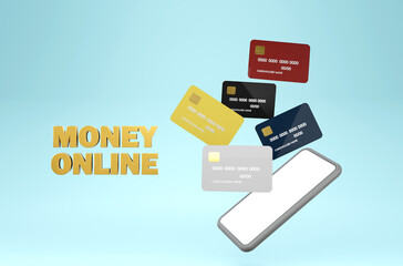 Money online with mobile phone, money picture concept, 3D illustration.