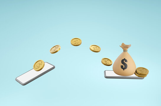 Money online with mobile phone, money picture concept, 3D illustration.