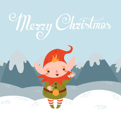 Merry christmas and happy new year postcard. Cute and kawaii Christmas elf greets, welcome and salutes. Winter mountain landscape. Vector illustration. Lettering Merry Christmas