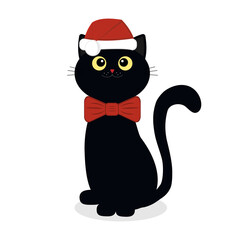 black kitten in Christmas costume Santa Claus hat and butterfly, isolated color vector illustration on white background in flat style, banner, poster, clipart, decoration