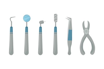 Dentist instruments, equipment, professional medical tools. Stomatology, orthodontic concept. Design elements, objects isolated on white background. Vector illustration