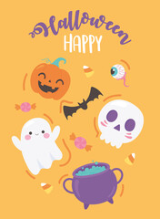 happy halloween funny pumpkin skull bat cauldron candies creepy eye poster