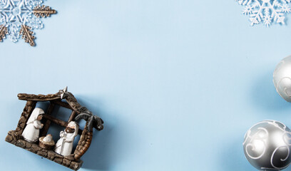 
Christmas layout on a blue background. Flatley. Notebook. Close-up. Place for an inscription.