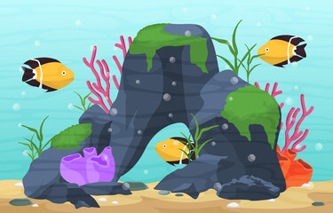 Beautiful Aquarium Fish Colorful Reef Water Plant Illustration