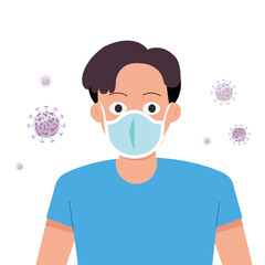 Man wearing protect mask and virus covid-19 background.Vector illustration.Blue shirt young man wearing N95 mask to protect Coronavirus