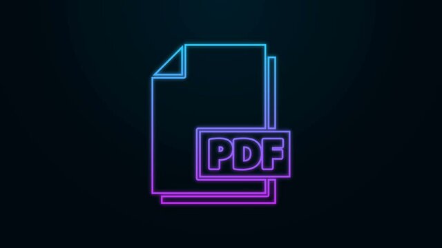 Glowing neon line PDF file document. Download pdf button icon isolated on black background. PDF file symbol. 4K Video motion graphic animation