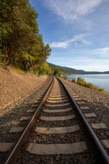 Fototapeta premium American railroad tracks by Pacific Ocean at Bellingham Bay Washington State