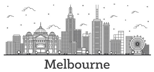 Naklejka premium Outline Melbourne Australia City Skyline with Modern and Historic Buildings Isolated on White.