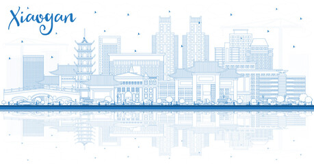 Outline Xiaogan China City Skyline with Blue Buildings and Reflections.