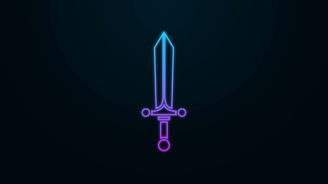 Glowing neon line Medieval sword icon isolated on black background. 4K Video motion graphic animation