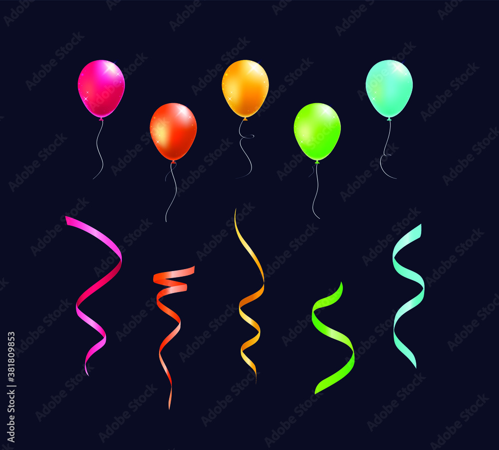 Poster set of realistic isolated colorful balloons and streamers on black background . isolated vector elem