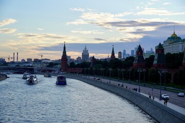Obraz premium MOSCOW, Russia - August 2020: Panoramic view of the Kremlin, Moscow River and the wall of the Moscow Kremlin. Main attractions of the capital