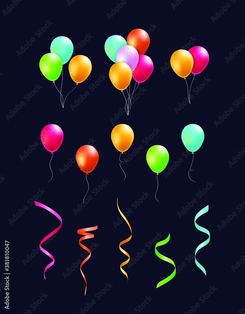 Poster set of realistic isolated colorful balloons and streamers on black background . isolated vector elem