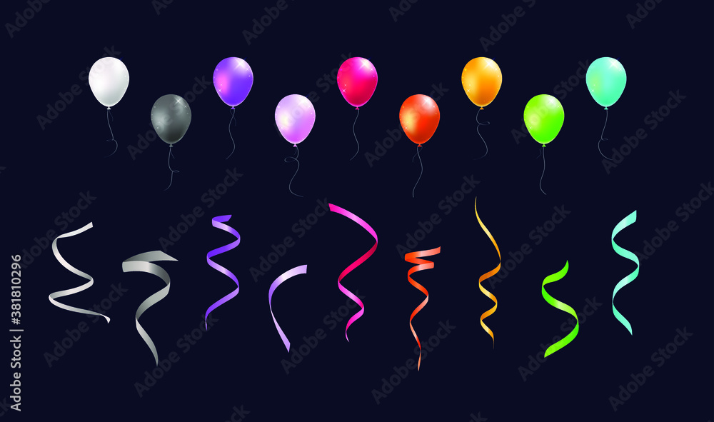 Poster set of realistic isolated colorful balloons and streamers on black background . isolated vector elem