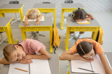 Tired schoolchildren sleeping on the desks in the classroom