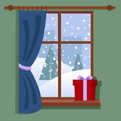 Winter window with view. Christmas gift on the sill. Cute cozy vector illustration in flat style.