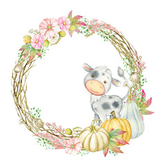 Bull, surrounded by a round frame made of pumpkins, flowers, and branches. Watercolor autumn, clipart, with the symbol of the year, for the holiday