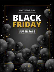 Black Friday super sale template for a vertical advertising poster, flyer or banner. Realistic 3d shiny dark balls in gold frame on black background. Sale with discount offer for social media promo.