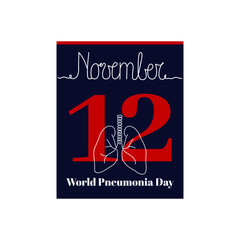 Calendar sheet, vector illustration on the theme of World Pneumonia Day on November 12. Decorated with a handwritten inscription NOVEMBER and outline lungs.
