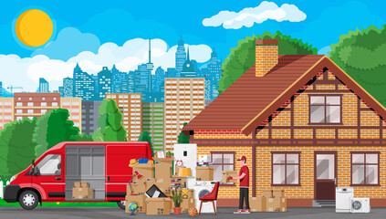 Moving to new house. Family relocated to new home. Male mover, paper cardboard boxes near house, delivery truck. Package for transportation. Household items and electronics. Flat vector illustration