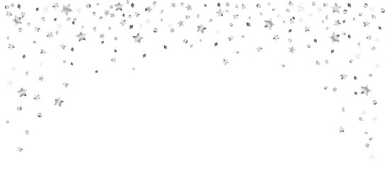 Celebration background with decoration isolated on white. Falling stars confetti, holiday border. Festive silver frame. For Christmas, New Year banners, birthday or wedding invitations, party flyers