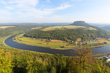 View of river Elbe bend from medieval Königstein Fortress, Saxon Switzerland, Königstein, Germany