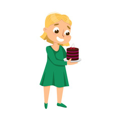 Cute Girl Holding Plate with Chocolate Cake, Kid Enjoying of Eating Yummy Dessert Cartoon Style Vector Illustration