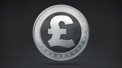 Isolated silver shiny Pound coin on dark background. Money and currency. Economical and financial business 3D illustration.	
