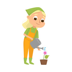 Cute Girl Watering Flower in Flowerpot, Little Kid Farmer Character in Overalls Working in Garden Cartoon Style Vector Illustration