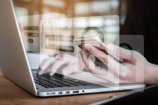 concept cyber security internet, user writing password on computer. data protection from hacker, digital crime for background