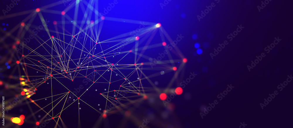 Poster Global network 3D illustration. Visualization of neural connections in artificial intelligence. Abstract, high tech, full color background with polygonal mesh elements