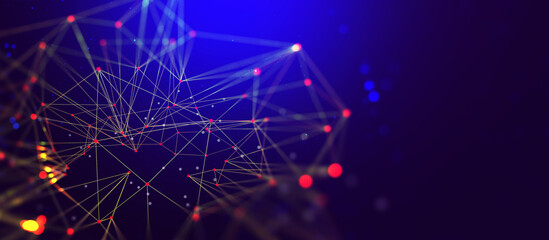 Global network 3D illustration. Visualization of neural connections in artificial intelligence. Abstract, high tech, full color background with polygonal mesh elements