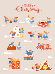 Cartoon Christmas hygge card with funny gnomes and lettering.