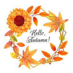 Hello, Autumn watercolor autumn wreath with fall leaves and a sunflower, on a white background