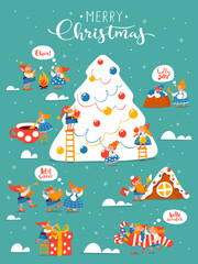 Cartoon Christmas hygge card with funny gnomes and greetings.