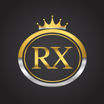 initial letter RX logotype company name with oval shape and crown, gold and silver color. vector logo for business and company identity.