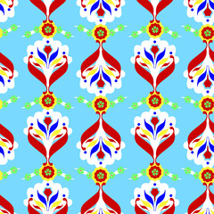 Fototapeta premium Abstract Hand Drawing Damask Ethnic Ceramic Folk Flowers and Leaves Repeating Vector Pattern Isolated Background