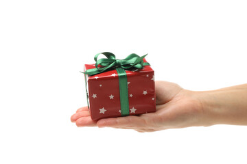 Female hand hold gift box, isolated on white background