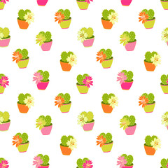 Vector seamless pattern with colorful blooming cactuses in pots. Flat style with outline. Pink, green, orange colors. Great for covers, wrapping papers, fabrics. Beautiful succulent plant in bloom.