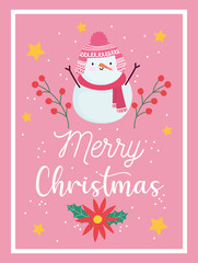 merry christmas, snowman flower poinsettia stars, decoration celebration card for greeting