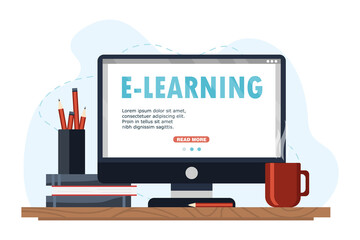Online education concept design with a computer, books, hot drink. E-learning vector stock illustration in flat style isolated on white background. 