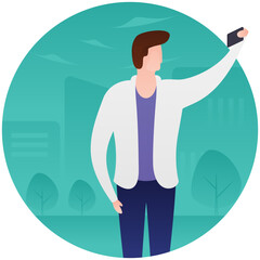 
Boy on a picnic taking selfie, tourist flat illustration 
