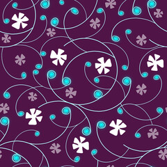 Seamless abstract pattern. Turquoise monograms and white flowers on a lilac background.