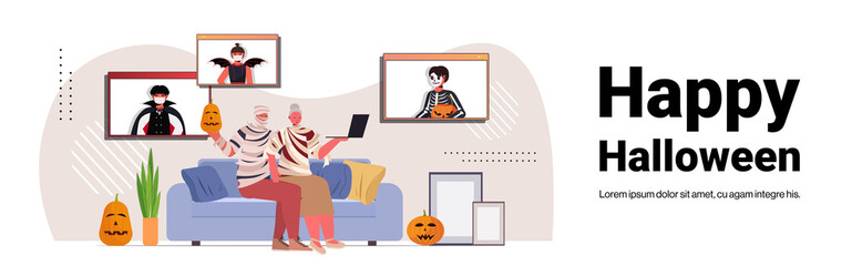 happy halloween holiday celebration grandparents in mummy costumes discussing with children during video call online communication self isolation horizontal copy space vector illustration