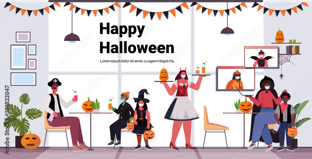 Wall mural happy halloween holiday celebration concept waitress in costume serving cocktails to clients in mask