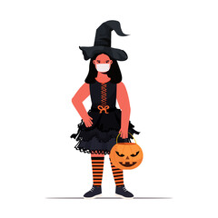 girl in mask wearing witch costume woman holding pumpkin happy halloween holiday celebration coronavirus quarantine concept full length isolated vector illustration