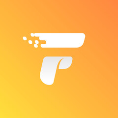 Letter F fast speed logo with checkered pixels pattern on the gradient background.